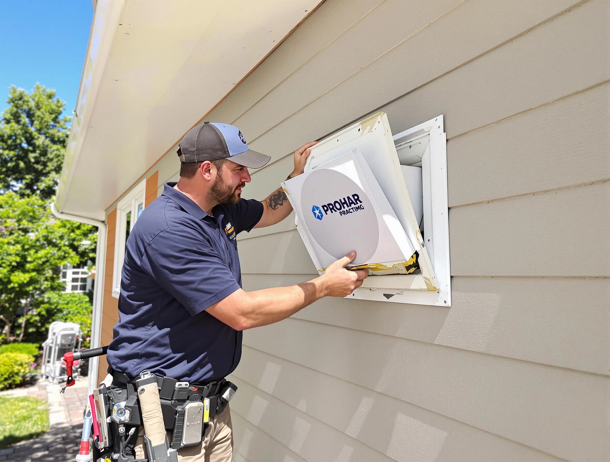 Hoover Dryer Vent Cleaning technician installing a new protective dryer vent cover on a home in Hoover