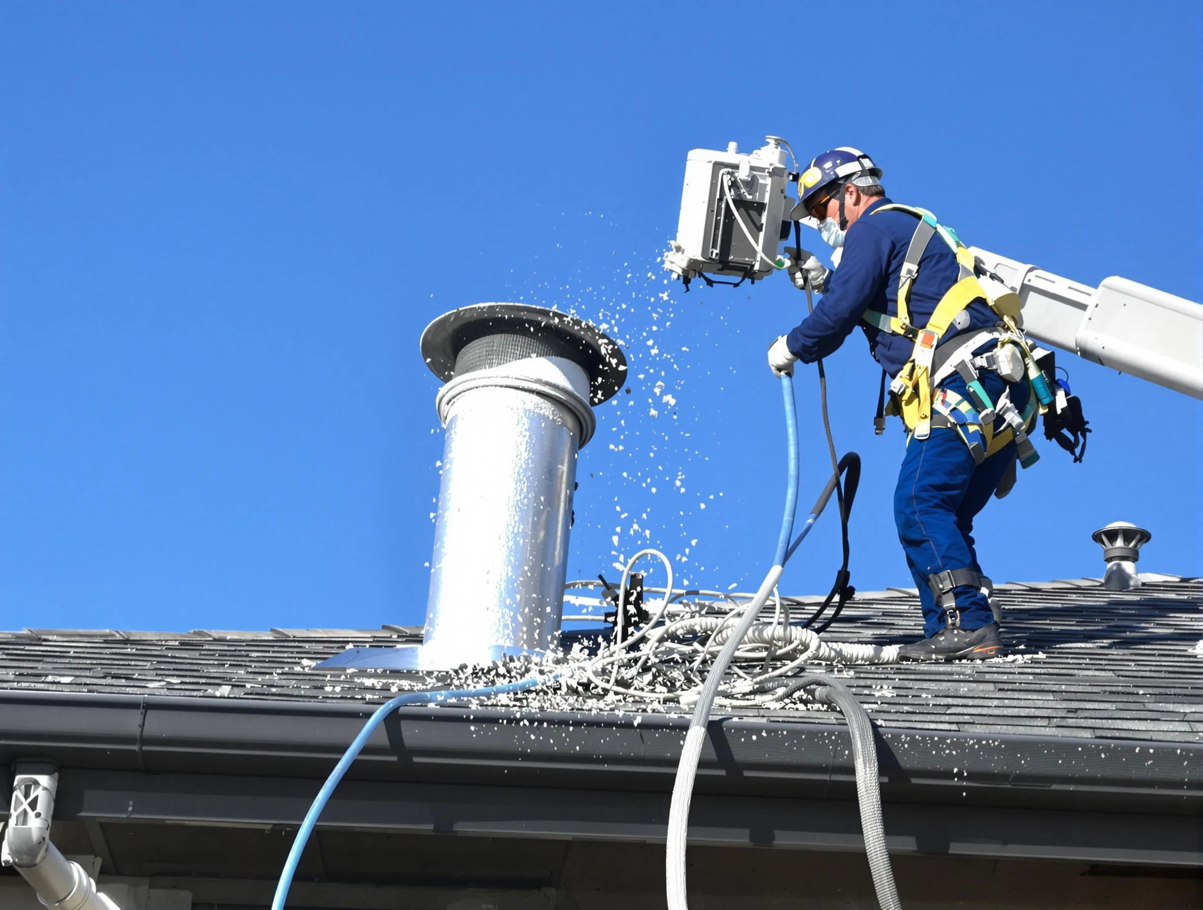 Hoover Dryer Vent Cleaning certified technician safely cleaning a roof-mounted dryer vent in Hoover