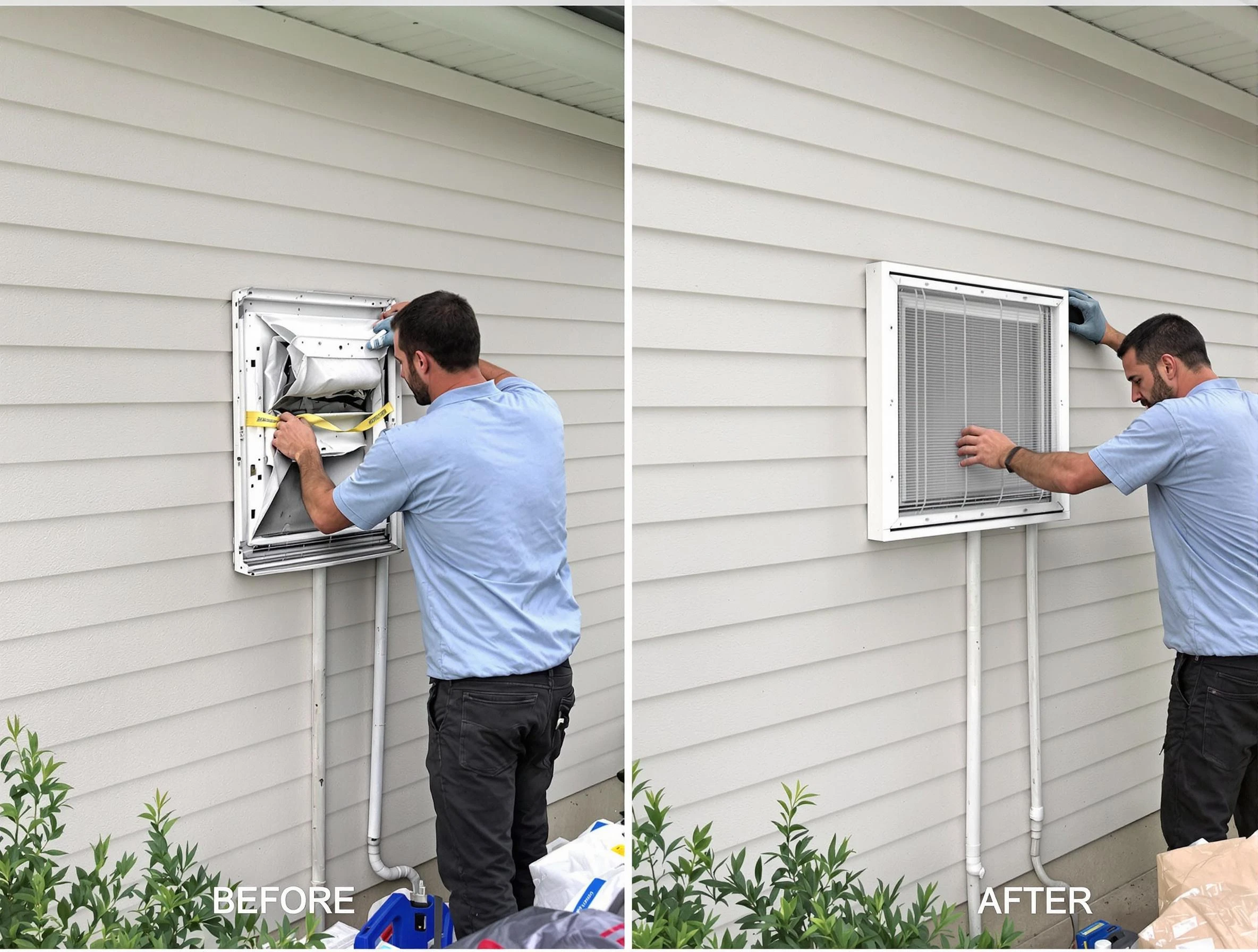 Hoover Dryer Vent Cleaning technician installing high-quality dryer vent cover at a residential property in Hoover
